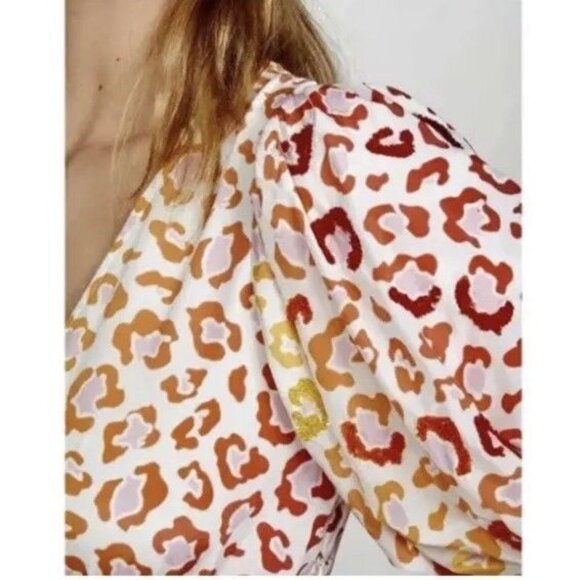 Rococo Sand Sz S Maxi Dress Avana Leopard Print Pleated Puff Sleeve Vneck - Picture 6 of 13